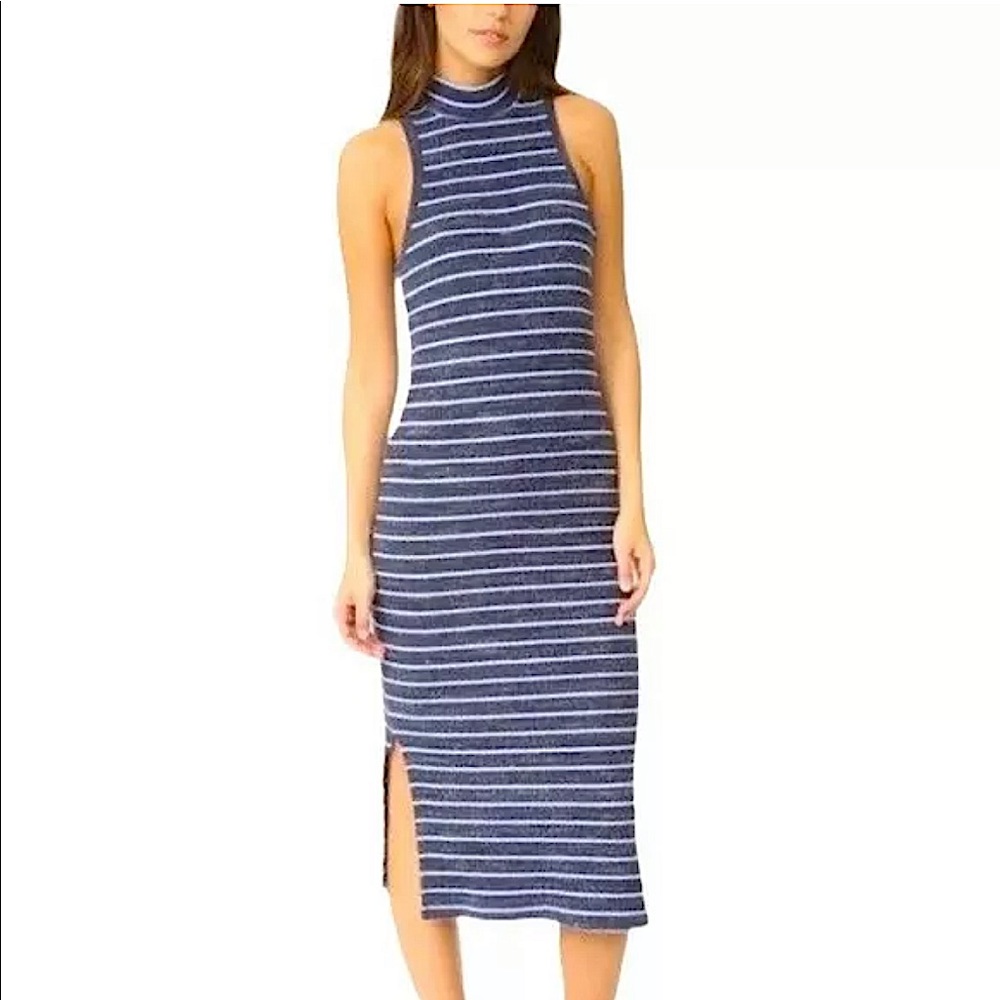 Splendid Women's Navy & White Striped Ribbed Bodycon Midi Dress Size XS …